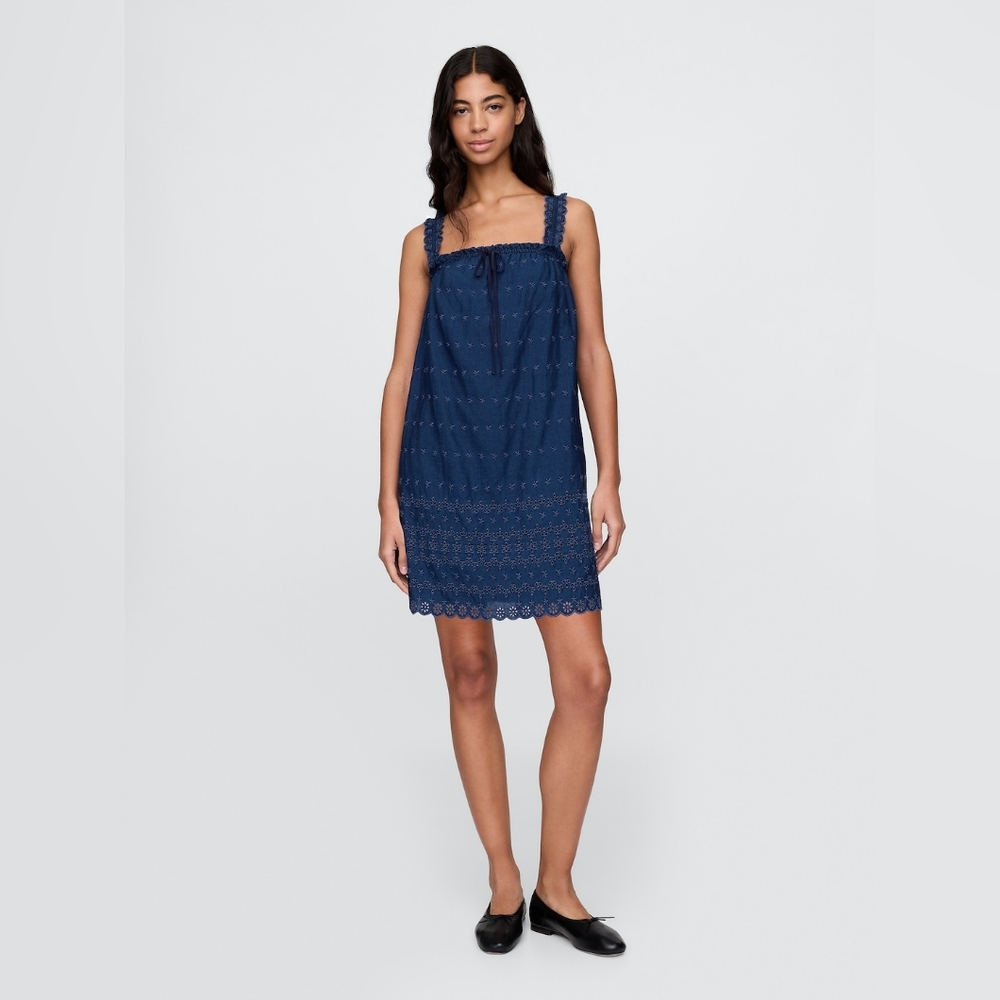 Gap × DÔEN Indigo Blue Thick Strap Eyelet Shift Mini Dress, Size XXS NWT